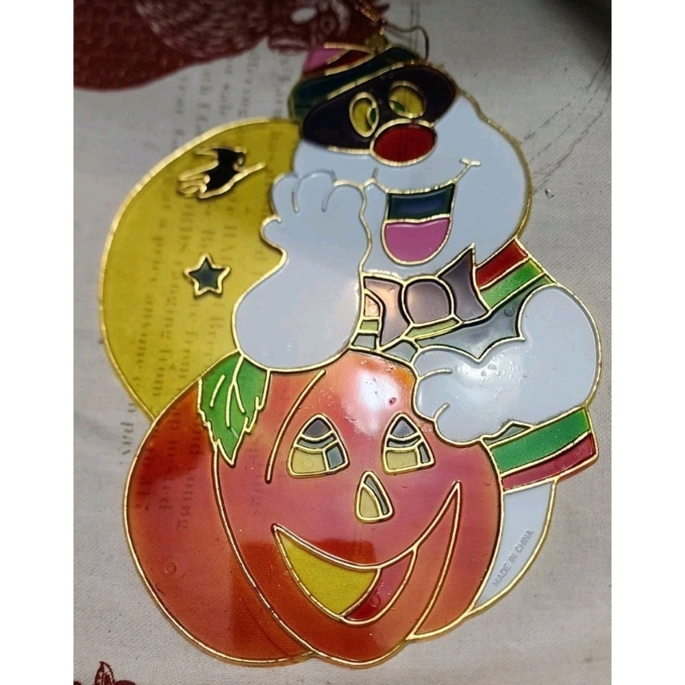 Vintage Plastic Stained Glass Sun Catcher Ghosts Moon Pumpkin Halloween Decor